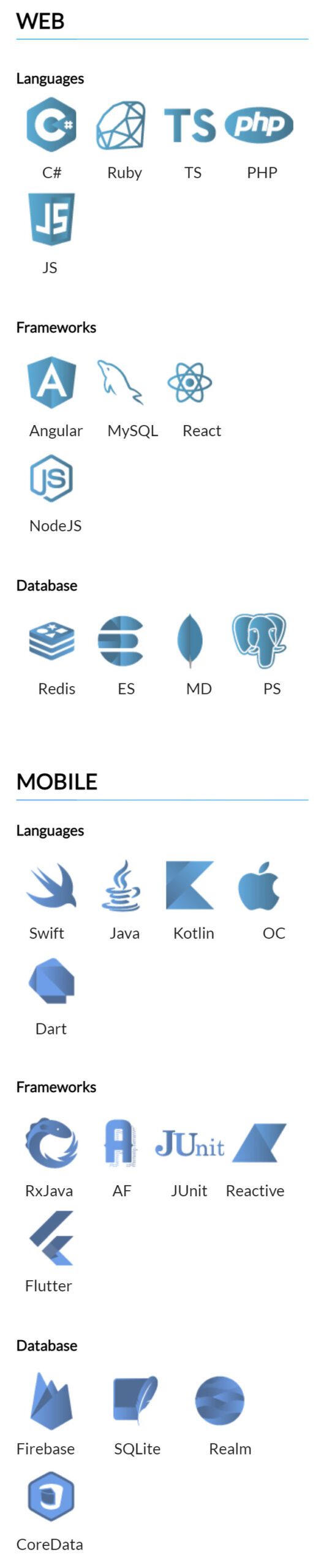 icon that lists available mobile and dev tech stack expertise